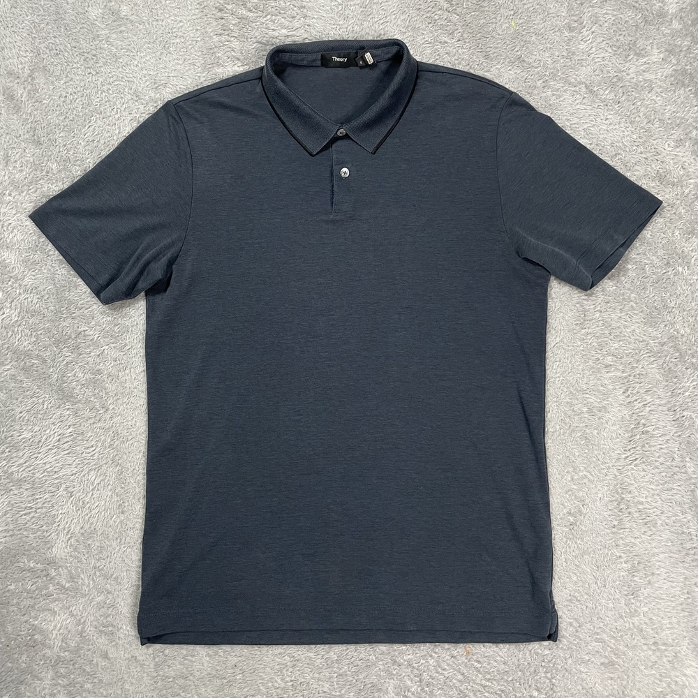 Theory Polo Shirt Mens Large Blue Solid Short Sleeve Pima Cotton Blend Casual